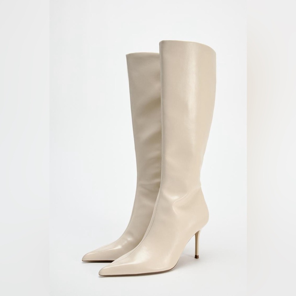 NWT. Zara White Knee High Heel Boots. Size 10. - Picture 3 of 8